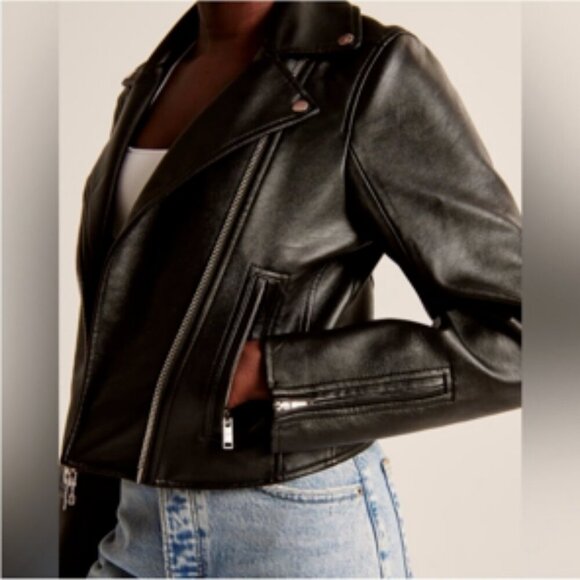 Abercrombie & Fitch Faux Leather Moto Jacket Vegan Biker Jacket Black Small - Picture 4 of 12